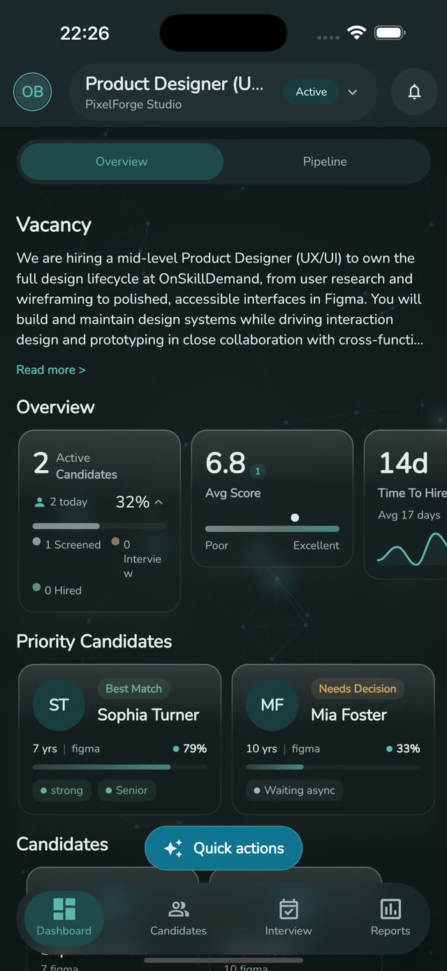 OnSkillDemand mobile app — Vacancy Dashboard with pipeline overview