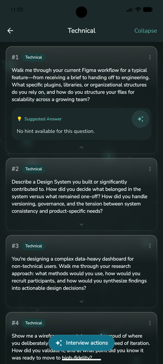 OnSkillDemand mobile app — AI-drafted interview questions with expanded Suggested Answer