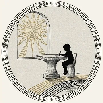 Chapter medallion: a child writing beneath a rising sun