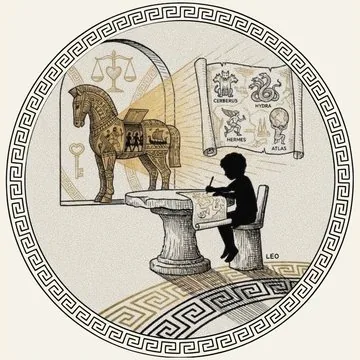 Chapter medallion: the Trojan horse on a plinth