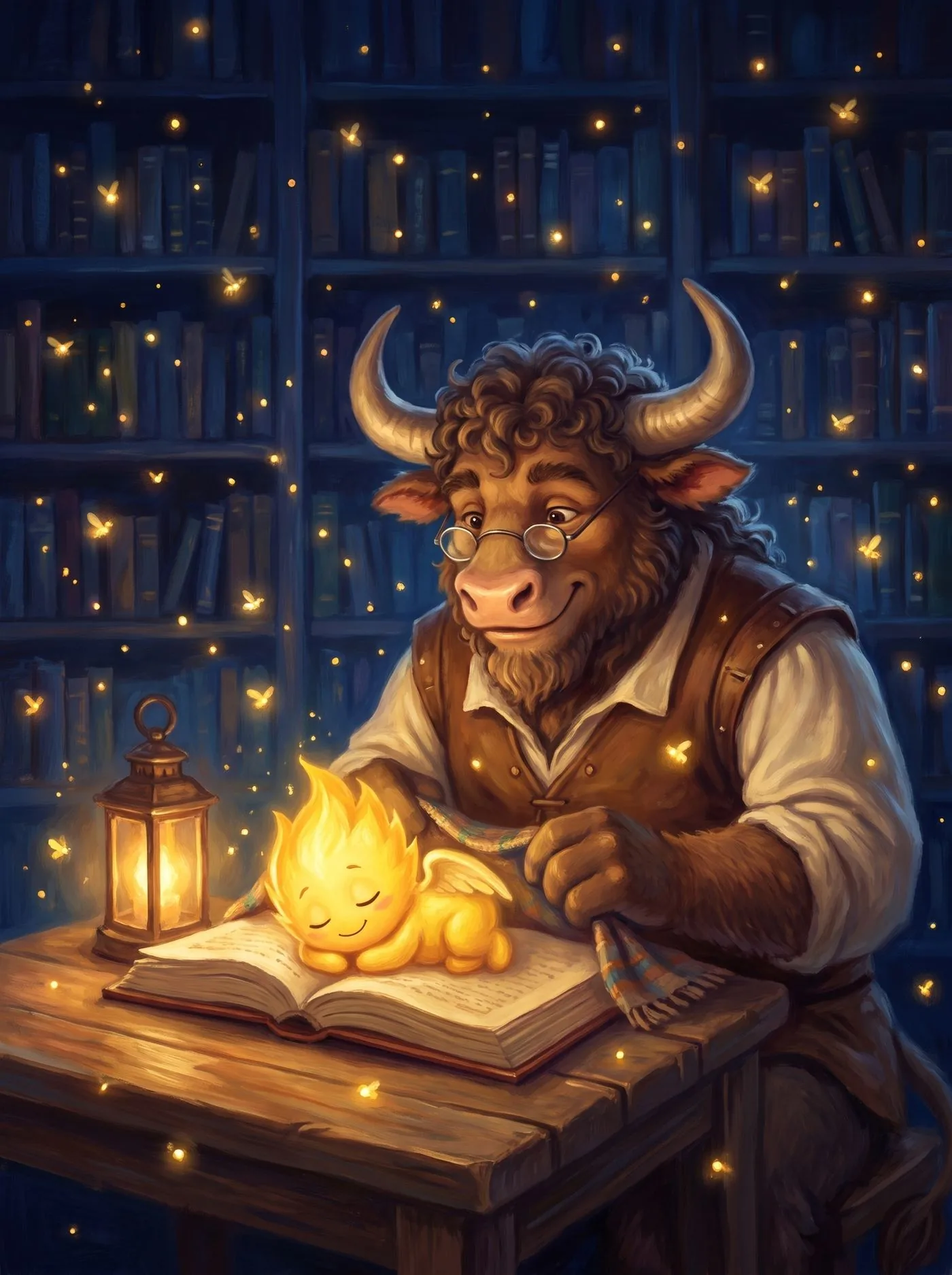 The Minotaur at his desk at night, the little spark Lumi asleep on an open book, fireflies drifting between the shelves